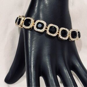 Boutique Black & Clear VVS CZ Halo Tennis Bracelet Gold Stainless Steel 7.5in